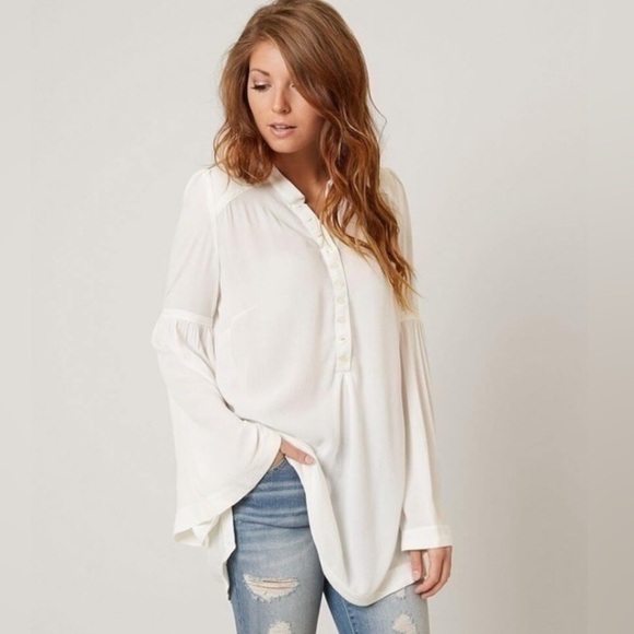 FREE PEOPLE Easy Girl Henley Bell Sleeve Boho Button Front Blouse Top - Picture 1 of 9